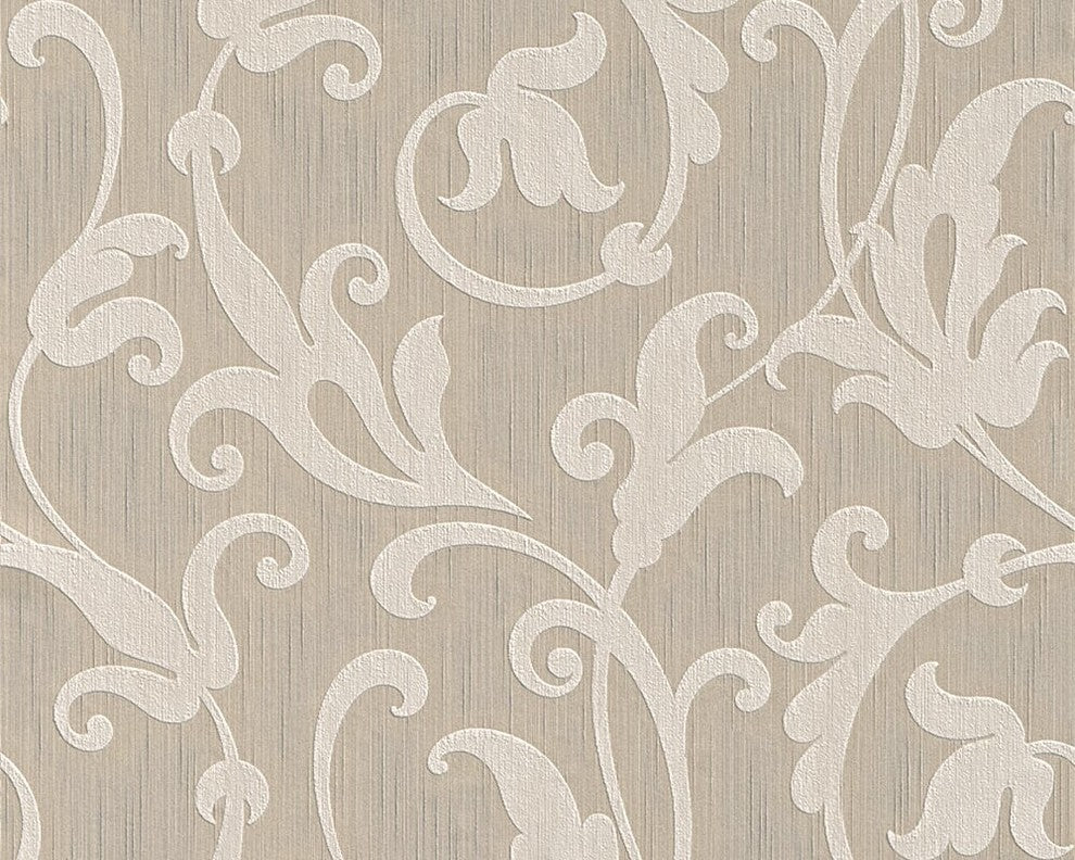 Tessuto, Baroque Fabric Beige Wallpaper Roll, Wall Decor Accent
