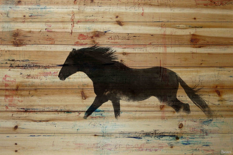 "Black Horse Stride" Painting Print on Natural Pine Wood, 36"x24"