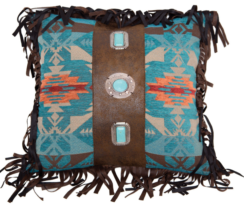 Turquoise Concho Faux Leather Southwestern Pillow