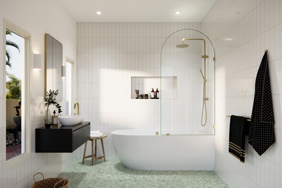 Bathtub Single Fixed Panels, Satin Brass, 34"wx66.75"h
