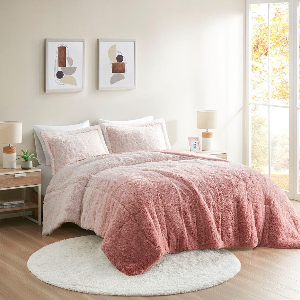 Intelligent Design Brielle Ombre Shaggy Long Fur Comforter Mini Set, Blush