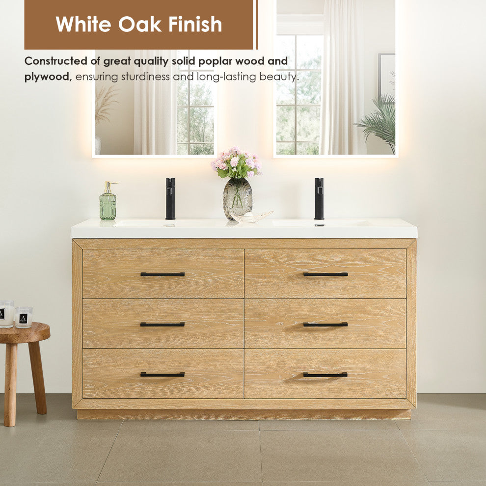 Sigrid Bathroom Vanity, White Oak, 60", With Mirror