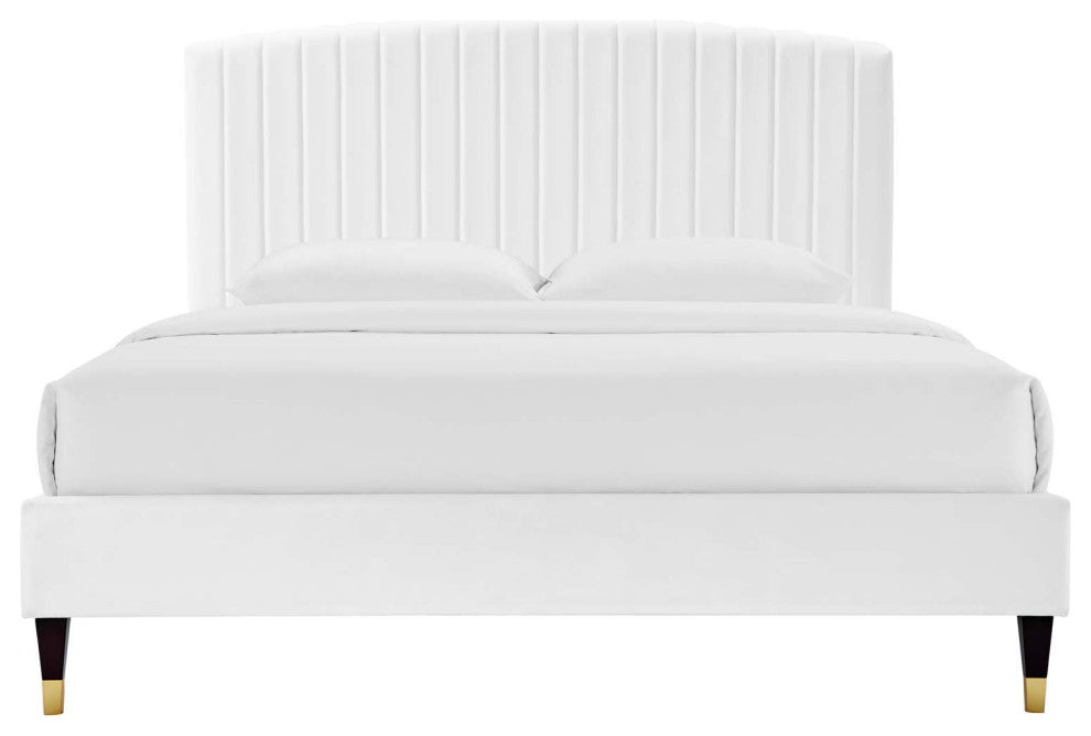 Platform Bed Frame, Queen Size, White, Velvet, Modern, Bedroom Guest Suite