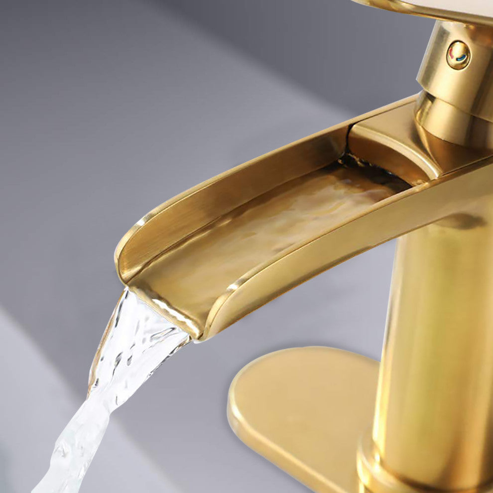 Single Hole Waterfall Spout Bathroom Faucet with Deck Plate, Brushed Gold