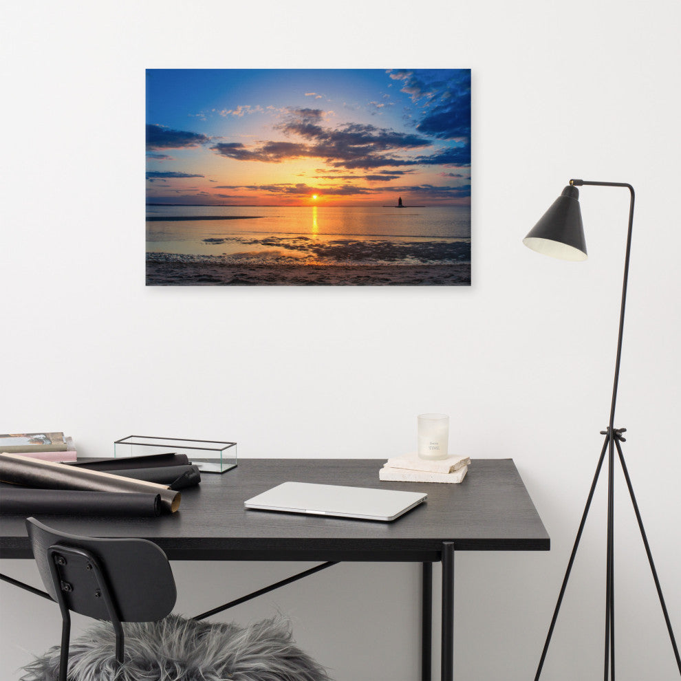 Sunset at Breakwater Lighthouse Coastal Landscape Photo Canvas Print, 24" X 36"
