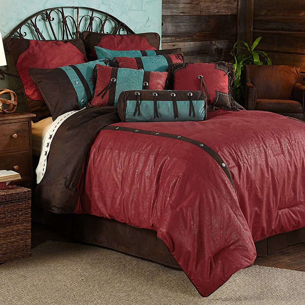 Cheyenne Western Lodge Faux Tooled Leather Comforter Set, 7PC, Red, Twin