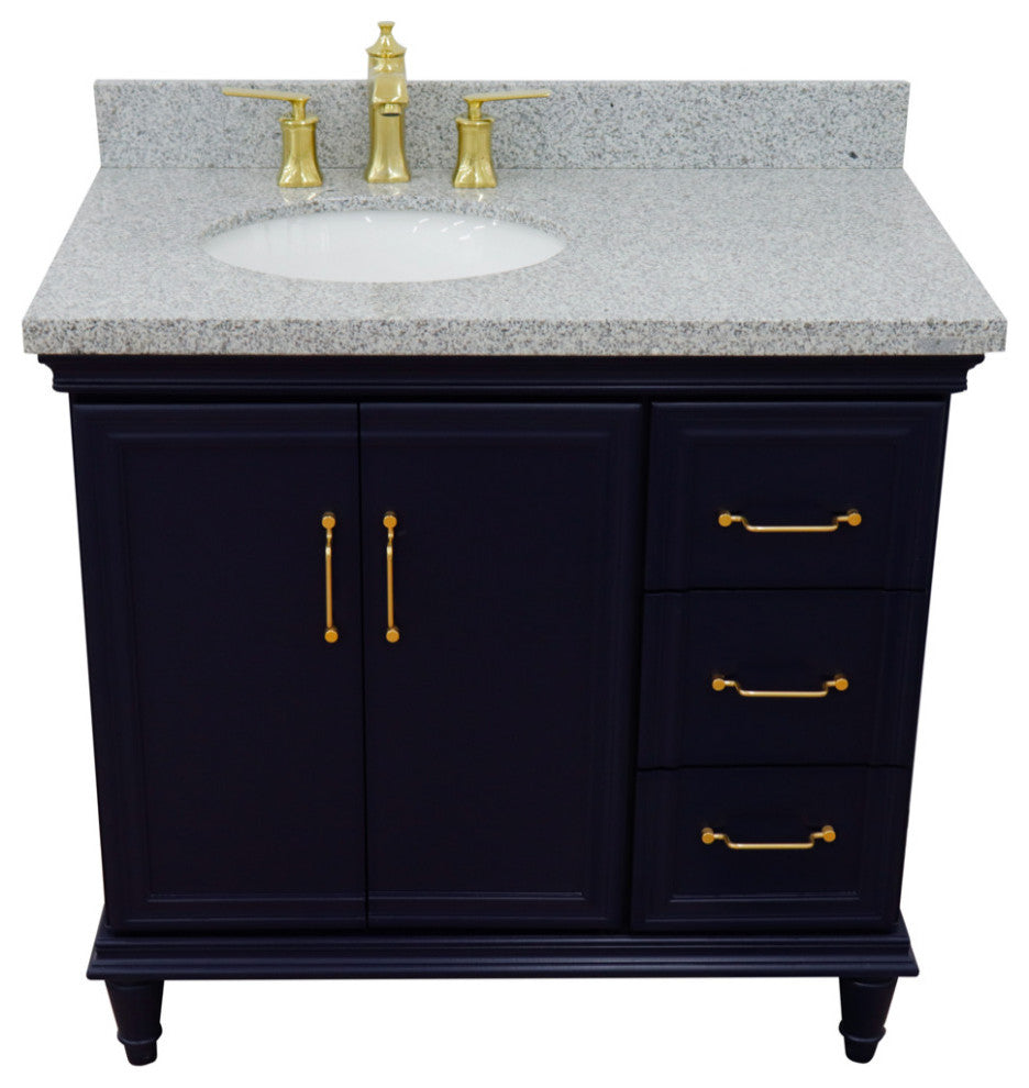 37" Single Vanity, Blue Finish With Gray Granite