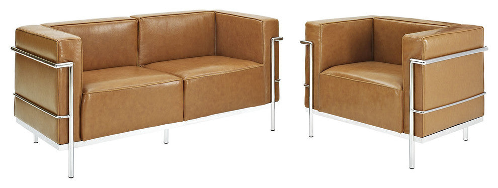 Modern Contemporary Living Room Leather Loveseat and Armchair 2-Piece Set Tan