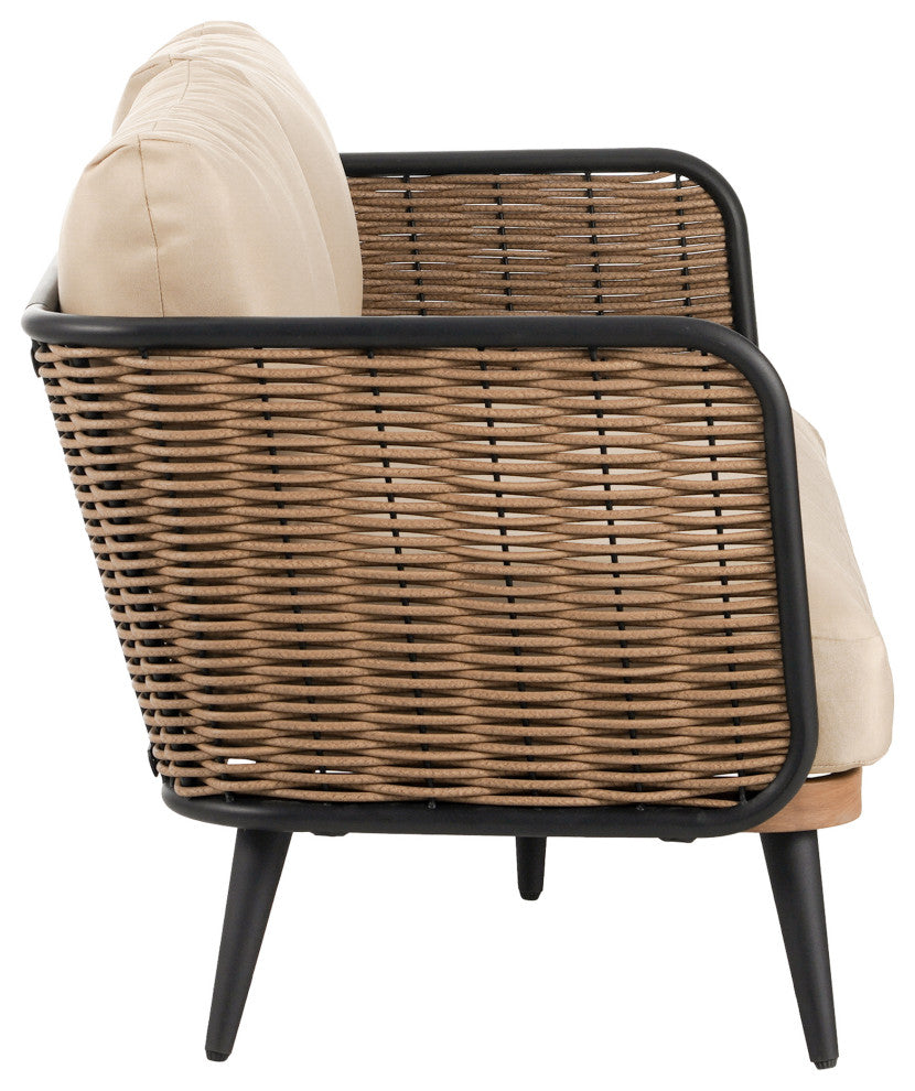 GDF Studio Outdoor Wicker Loveseat With Water-Resistant Cushions, Brown/Beige