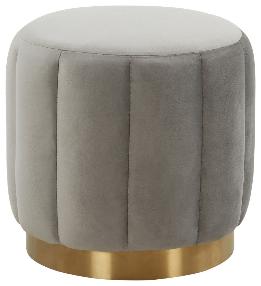 LeisureMod Franklin 19" Round Velvet Ottoman With Gold Base, Light Grey