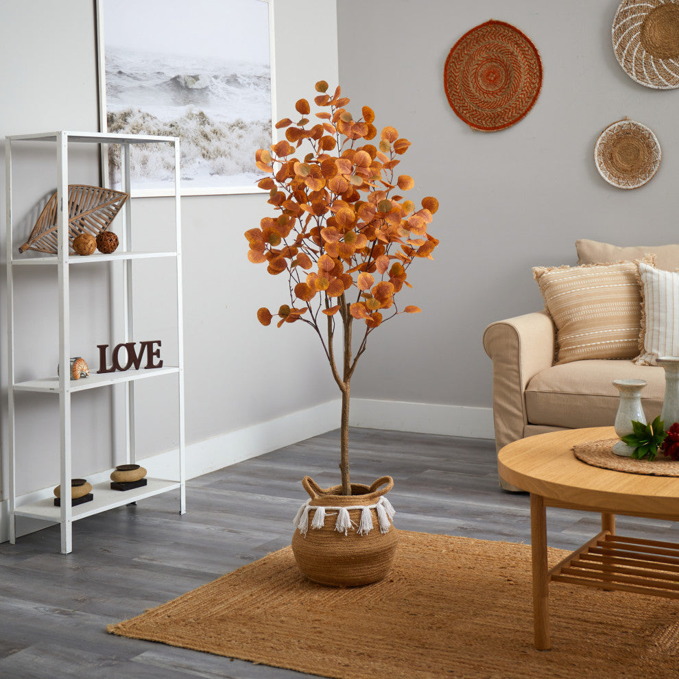 5ft. Artificial Autumn Eucalyptus Tree With Handmade Basket With Tassels