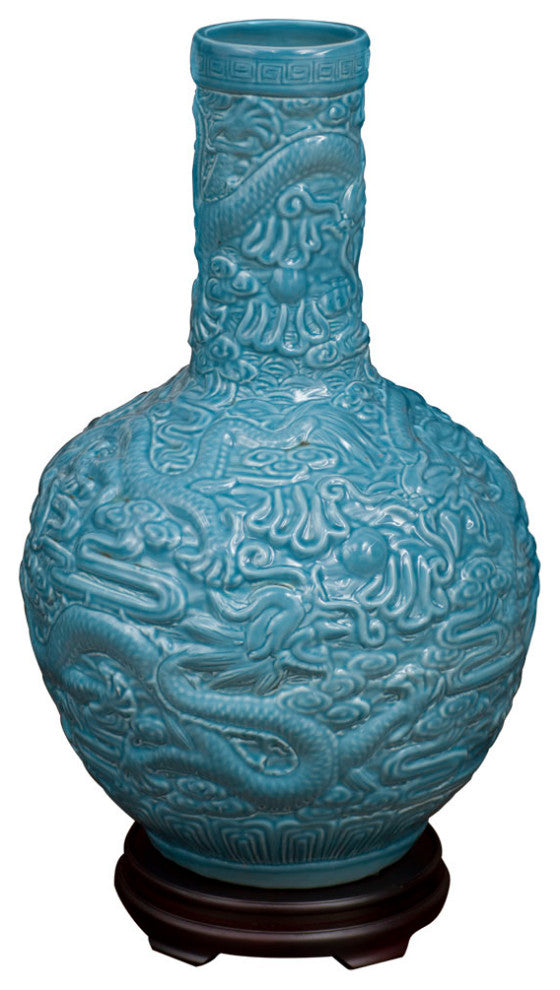 Sky Blue Porcelain Imperial Dragon Motif Chinese Temple Vase