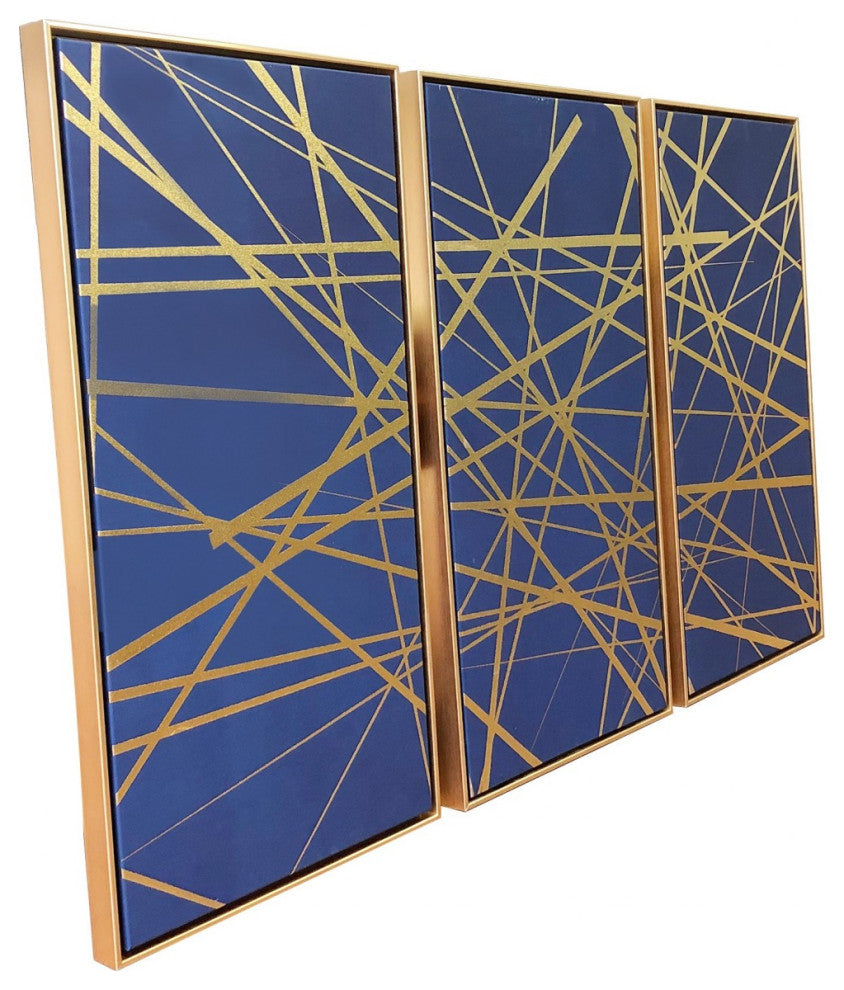 Modern Lines Pattern Triptych Silver Framed Canvas Wall Art