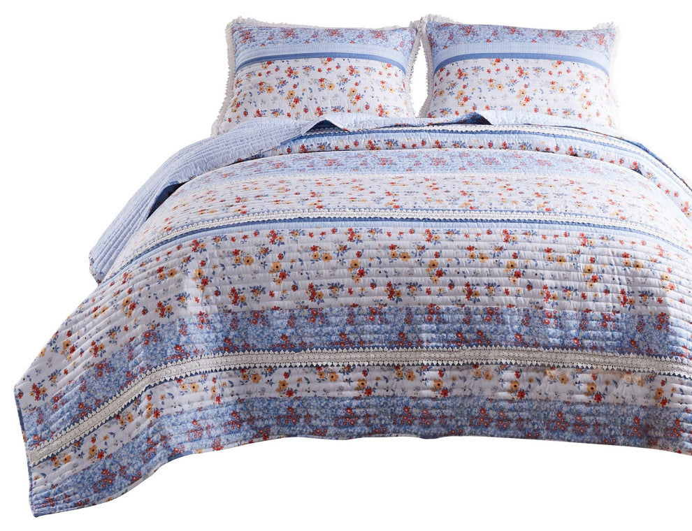 Benzara BM282008 Microfiber Queen Quilt Set, Floral Print, Lace Trim, Multicolor