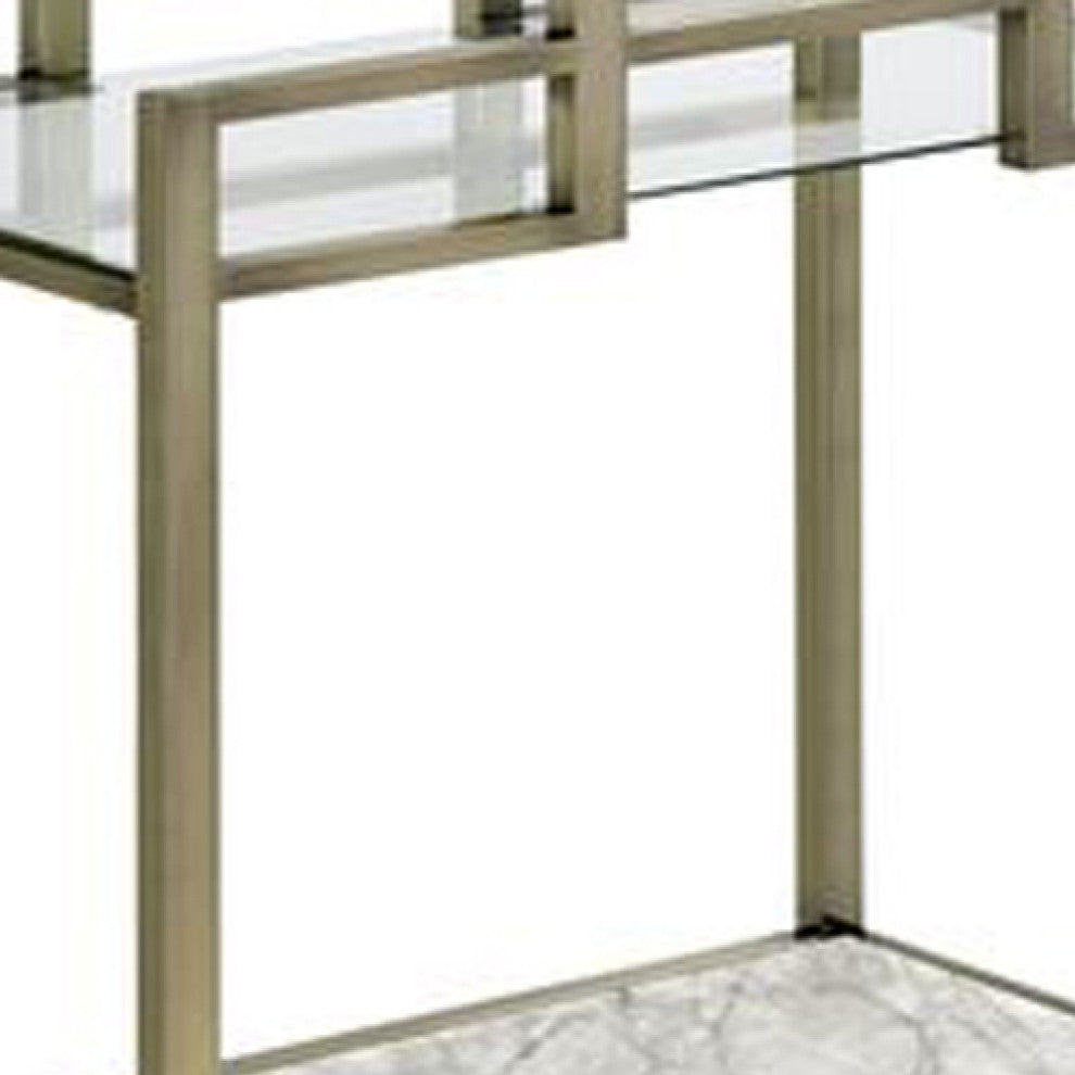 Benzara BM269069 2 Tier Serving Cart With Faux Marble and Metal Frame, Silver