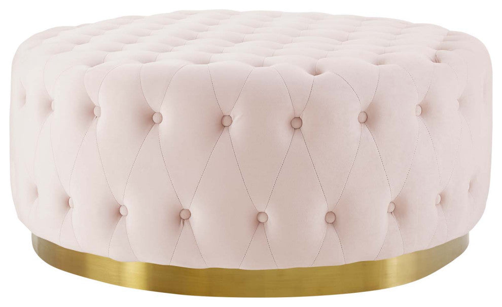 Tufted Accent Chair Ottoman, Round, Velvet, Pink, Modern, Lounge Hospitality