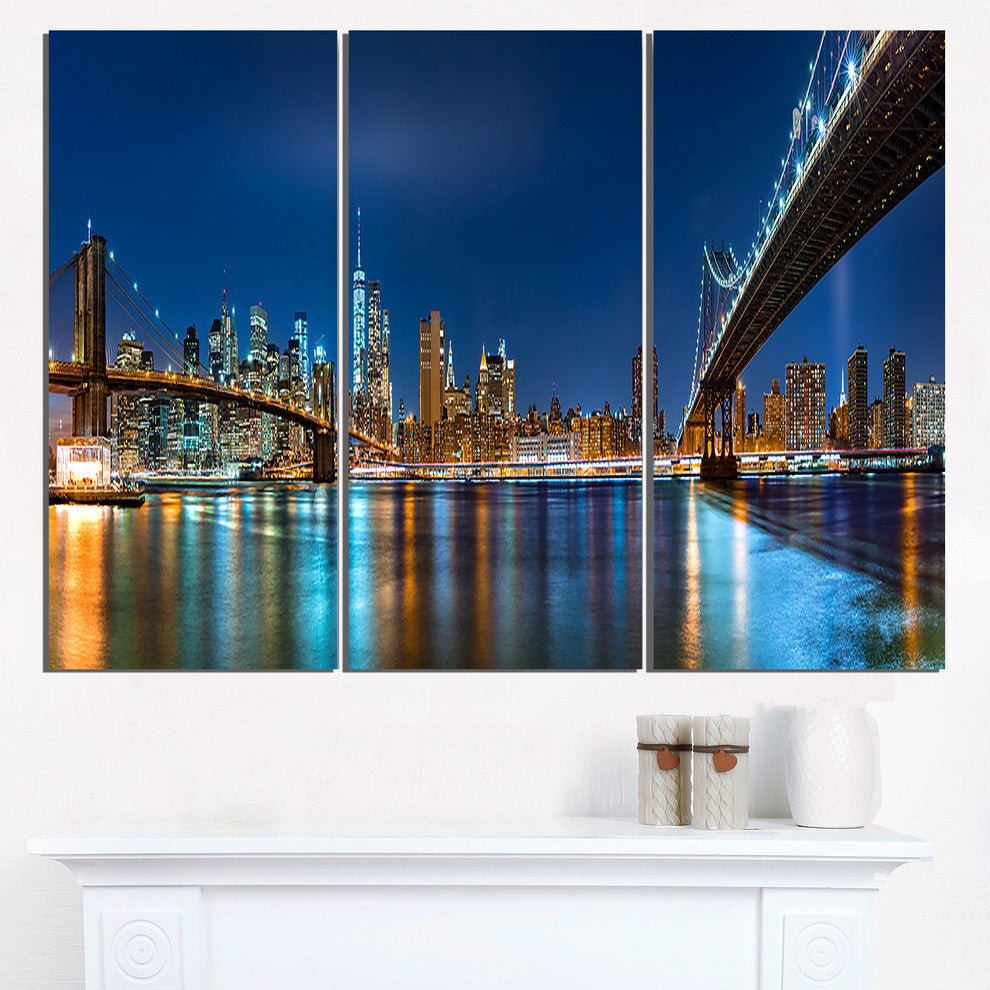 "Brooklyn and Manhattan Bridges Night" Metal Wall Art, 3 Panels, 36"x28"