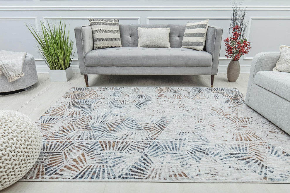 Jade Stonington White Abstract Contemporary White Recycled Area Rug, 5'3" X 7'0"