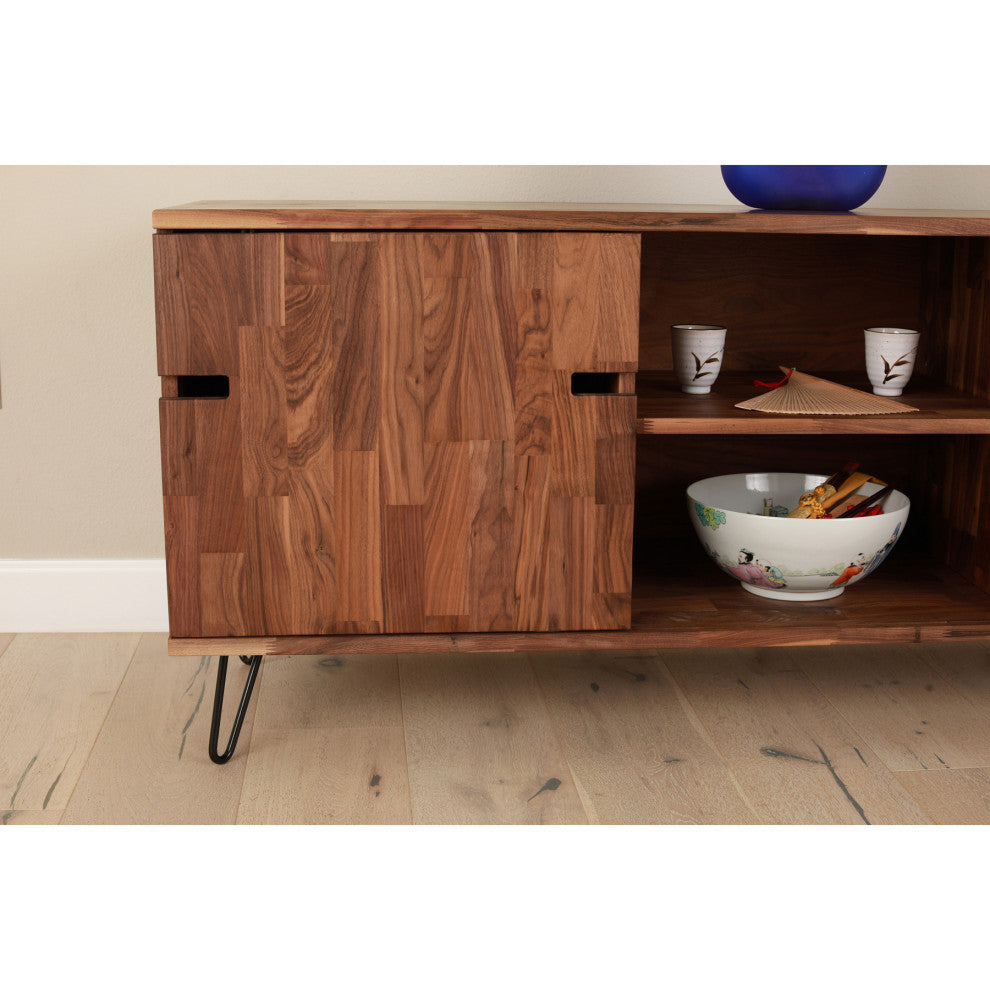 Zuma Mid Century Modern Sideboard Cabinet, Solid Walnut, Sliding Doors