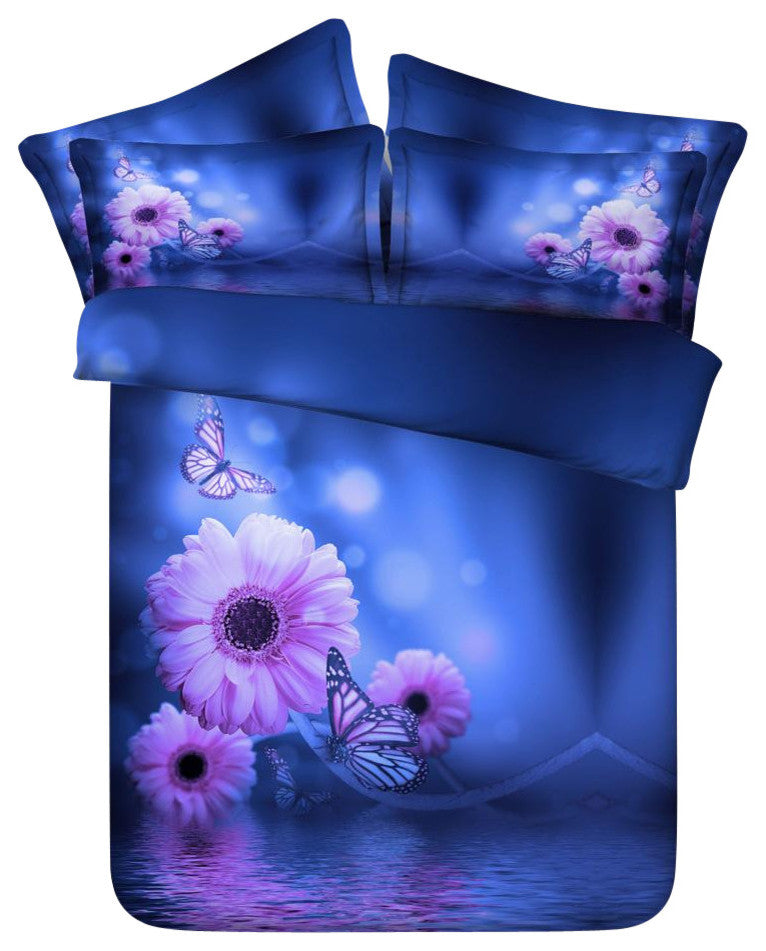 3D Blue and Purple Flower, 4-Piece Duvet Cover Set, Full