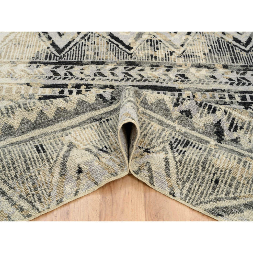 Gray, Erased Ethnic Geometric Design, Pure Wool Hand Knotted Rug, 9'1" x 12'0"