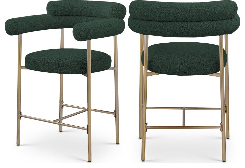 Blake Boucle Fabric Upholstered Counter Stool, Set of 2, Green, Brushed Finish