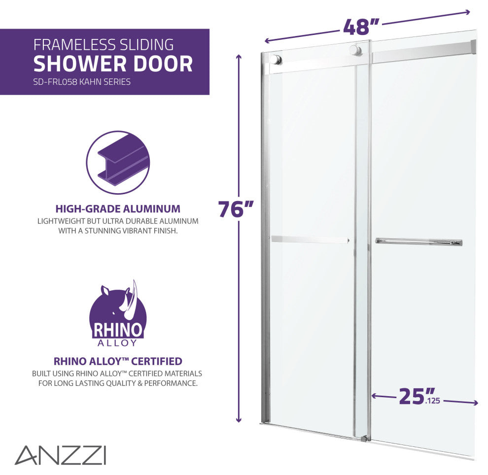 ANZZI Kahn 76" H Frameless Sliding Shower Door, Matte Black, 60" W