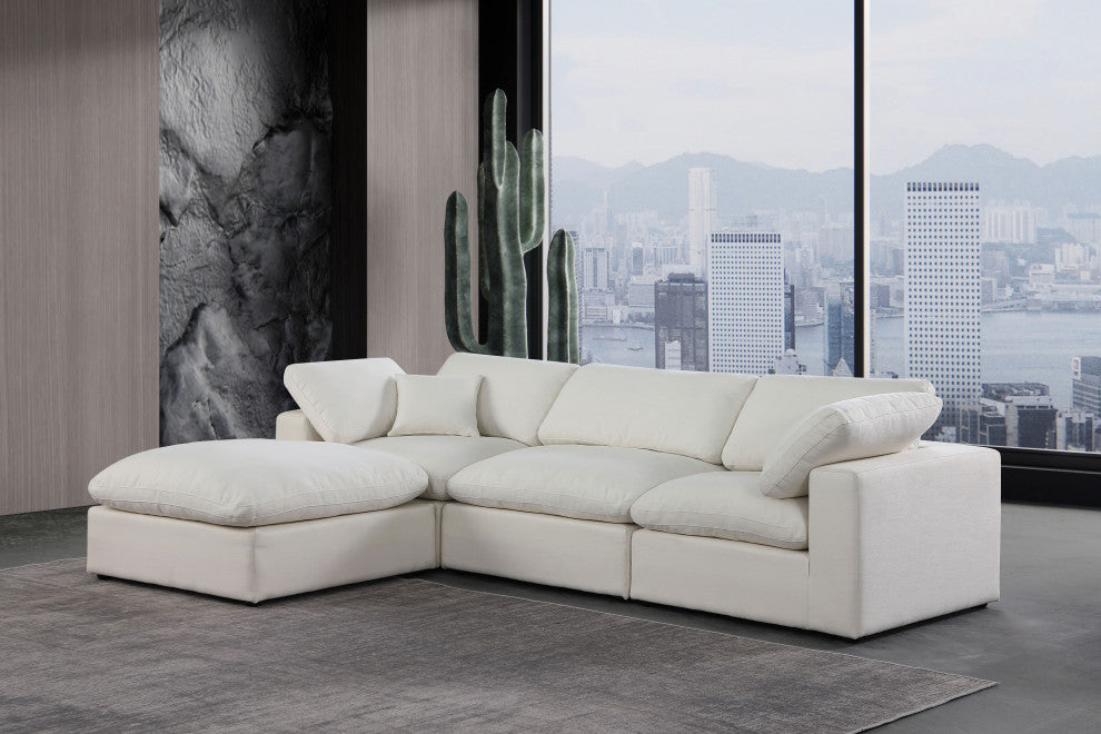 Comfy Upholstered L-Shaped Modular Sectional, Cream, 4-Piece: 1 Armless Chair, 2 Corner Chair, 1 Ottoman, Linen Textured Fabric