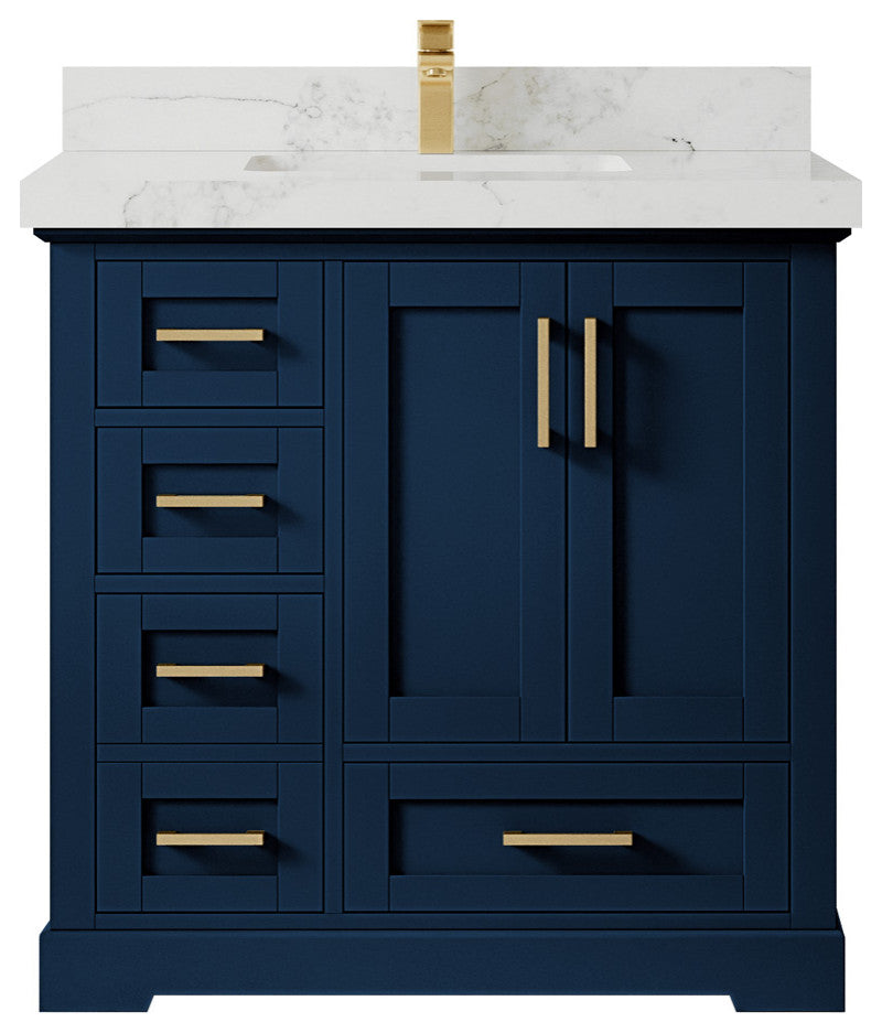 Cambridge 36 Center Sink Bath Vanity in Hale Navy Blue 2" Calacatta Nuvo