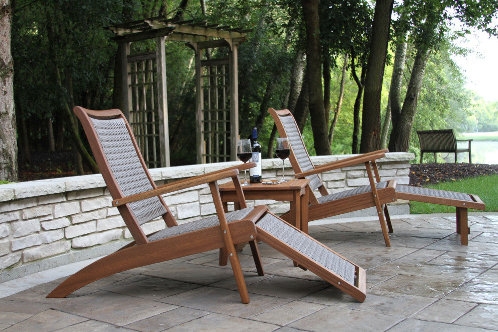 Gray Wicker and Eucalyptus Lounger With Built-In Ottoman