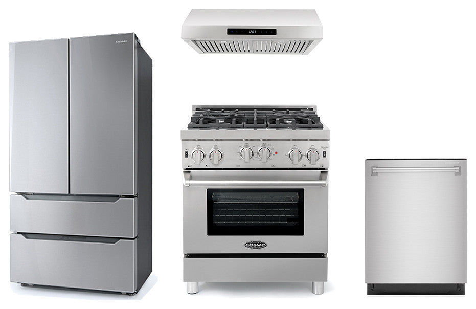 30" Gas Range 4 Piece Stainless Steel Package Range Hood Dishwasher Refrigerator