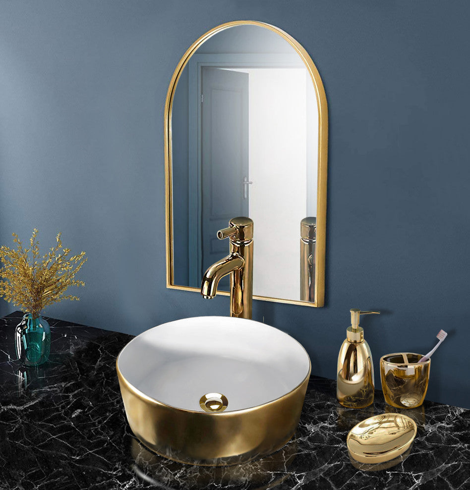 White and Gold Round Vessel Sink 15-3/4"