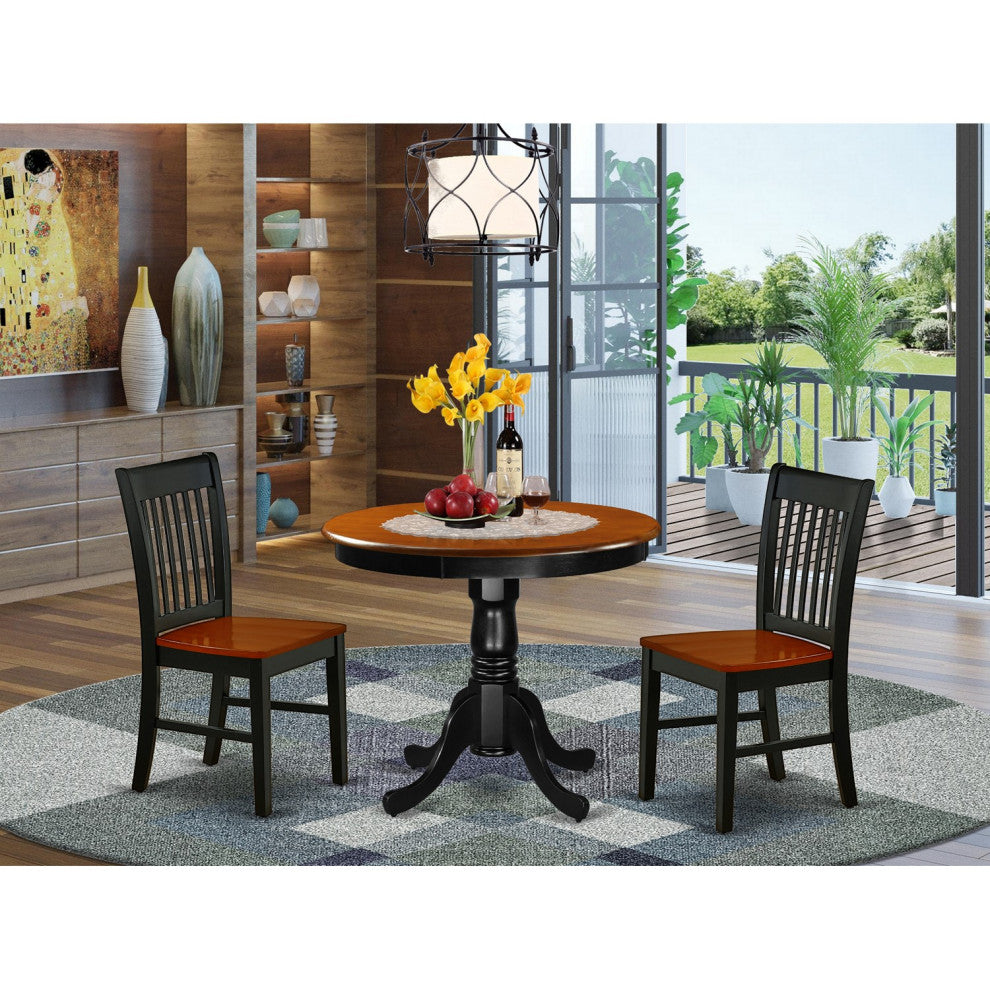 3Pc Rounded 36 Inch Family Table And Two Solid Wood Seat Kitchen Chairs