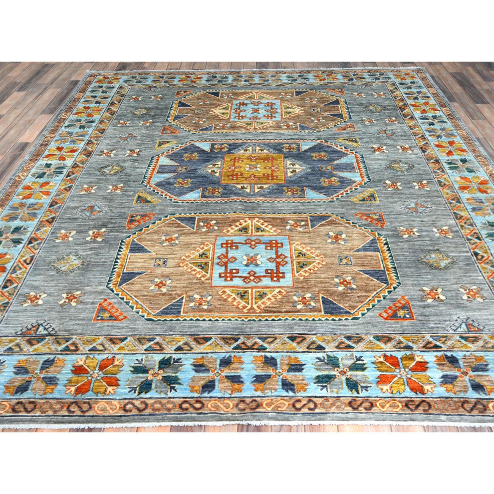 Silver Gray Wool Hand Knotted Armenian Inspired Design 200 KPSI Rug, 8'3"x9'7"