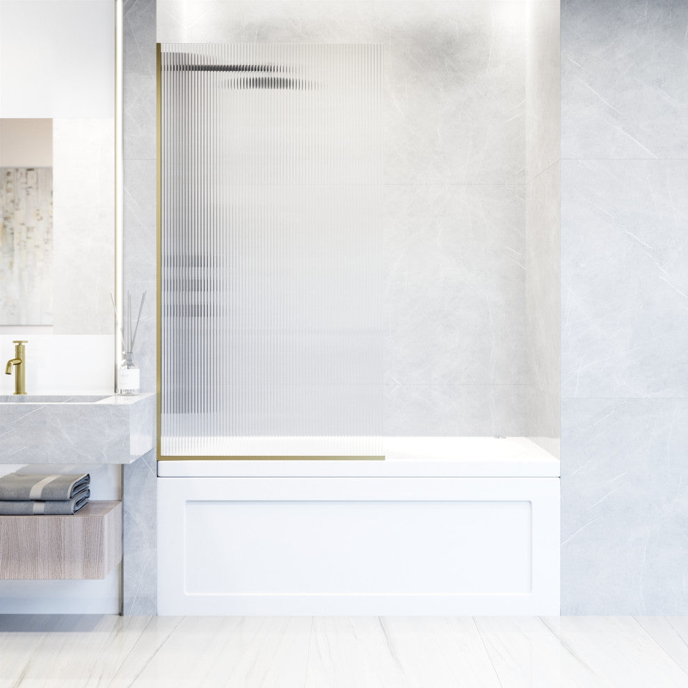 VIGO Zenith Frameless Fixed, Matte Brushed Gold, Tub Screen, 34" W X 62" H, Fluted Glass