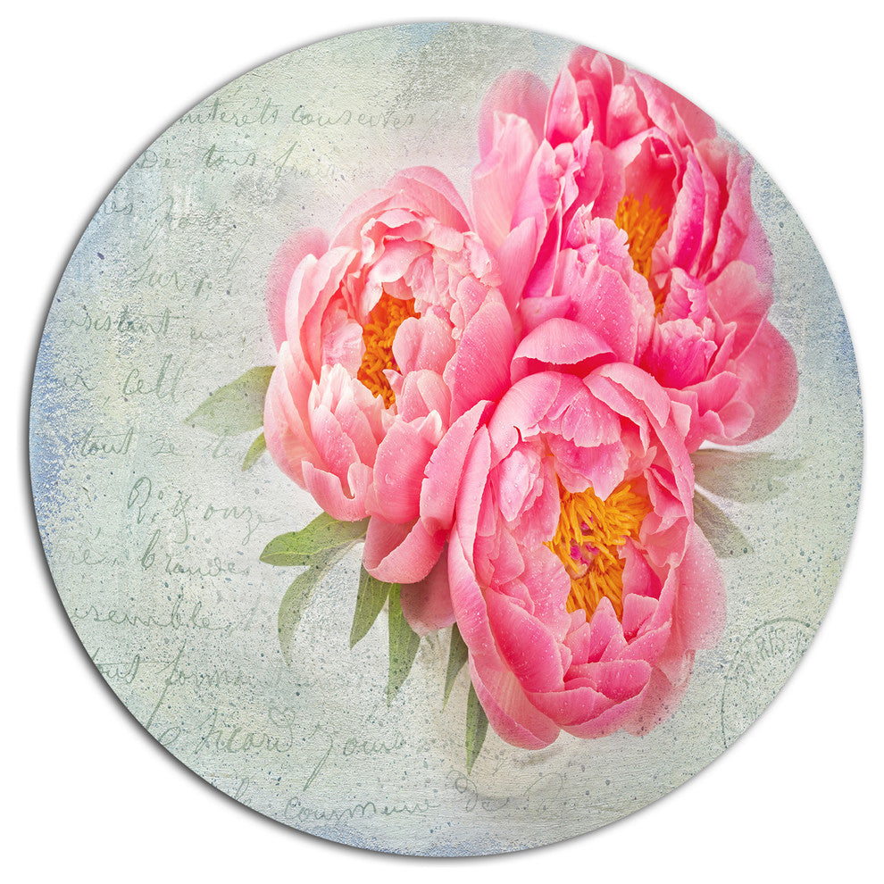 Pink Peony Flowers In White Vase, Floral Large Disc Metal Wall Art, 11"