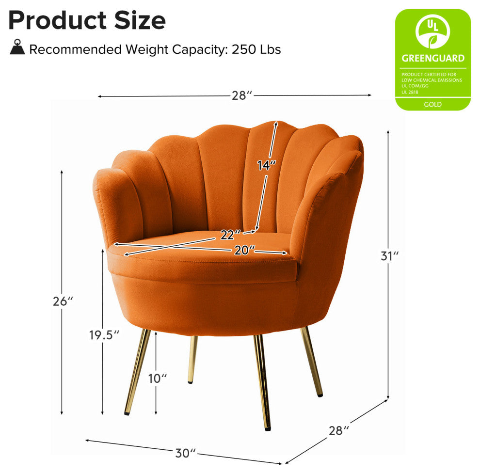 Velvet Accent Barrel Chair With Scalloped Seashell Edges Set of 2, Orange