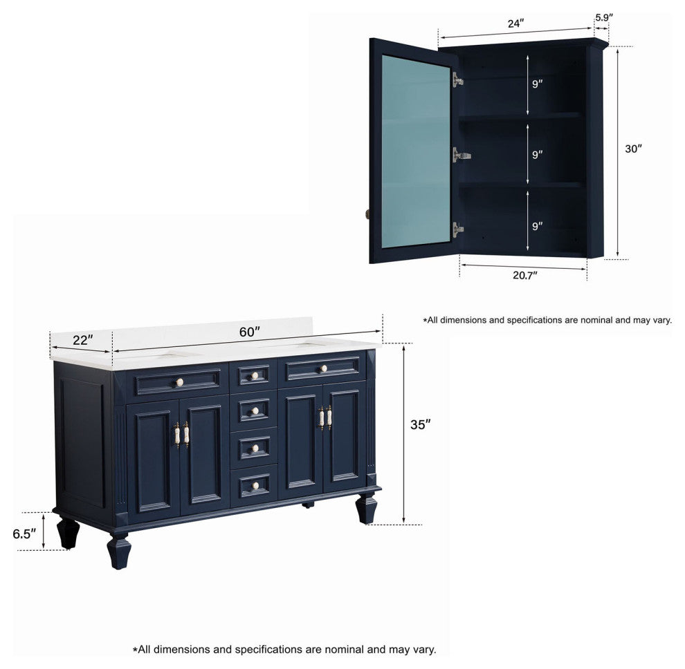 60 In Bath Vanity Set with 2 Mirror Cabinets, Quartz Top, 2 cUPC Certified Sinks, Navy Blue