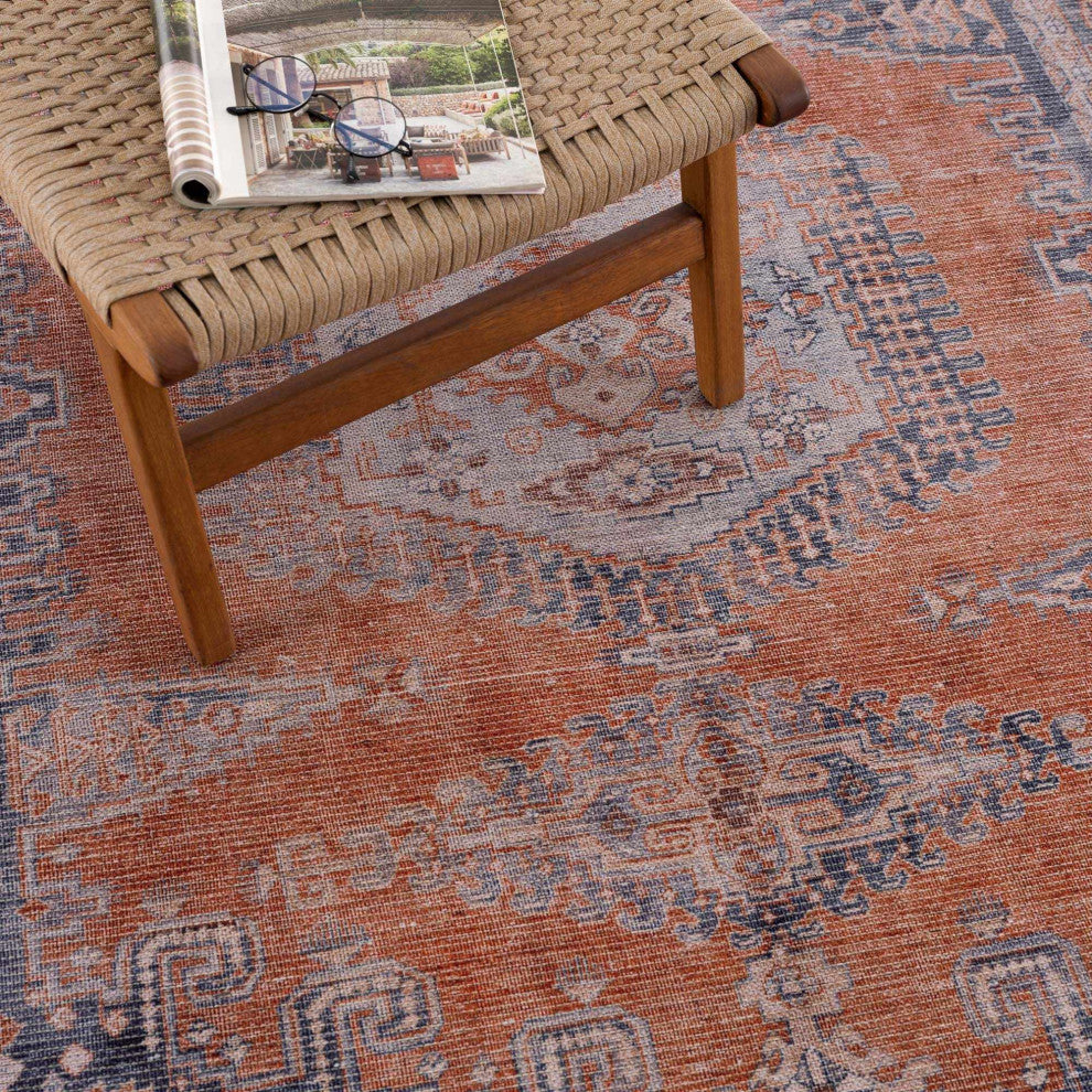 Hauteloom Burnt Orange Taber Medallion Washable Area Rug, Blue, Burnt Orange, Pale Blue/Taber, 7'10"x10'2"