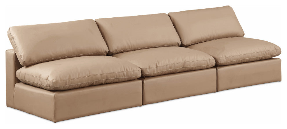 Comfy Upholstered Modular Sofa, Tan, 3-Piece: 3 Armless Chair, Vegan Leather