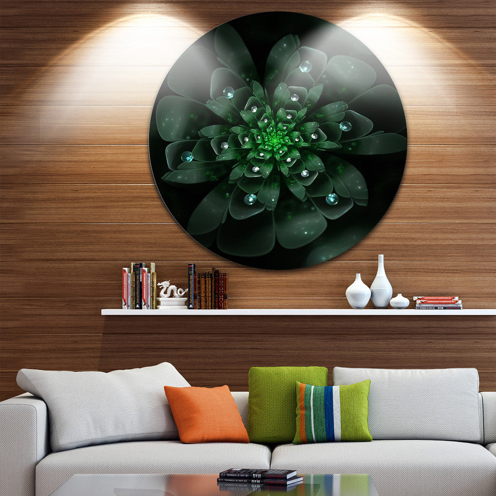 Glowing Crystal Green Fractal Flower, Floral Disc Metal Artwork, 36"