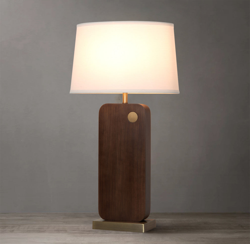 Laurel Table Lamp - Ebony Wood Finish, Weathered Brass, White Linen Shade, Dark Walnut