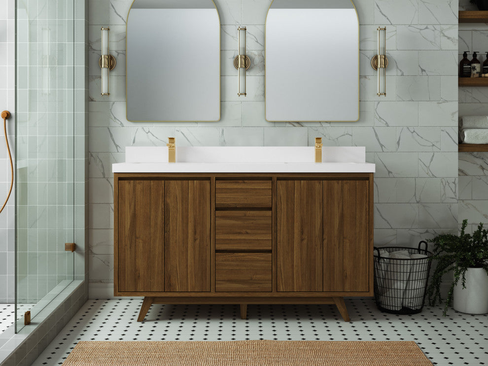 Madison Teak 60 Double Bathroom Vanity in Dark Natural 2" White Quartz