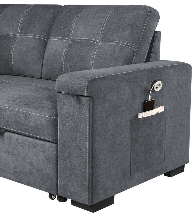 Toby Woven Fabric Reversible Sleeper Sectional With Storage, Cupholder, Gray