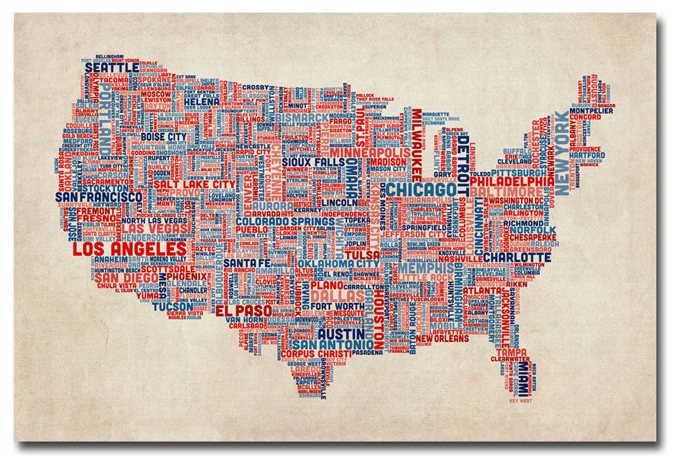 'US Cities Text Map V' Canvas Art by Michael Tompsett
