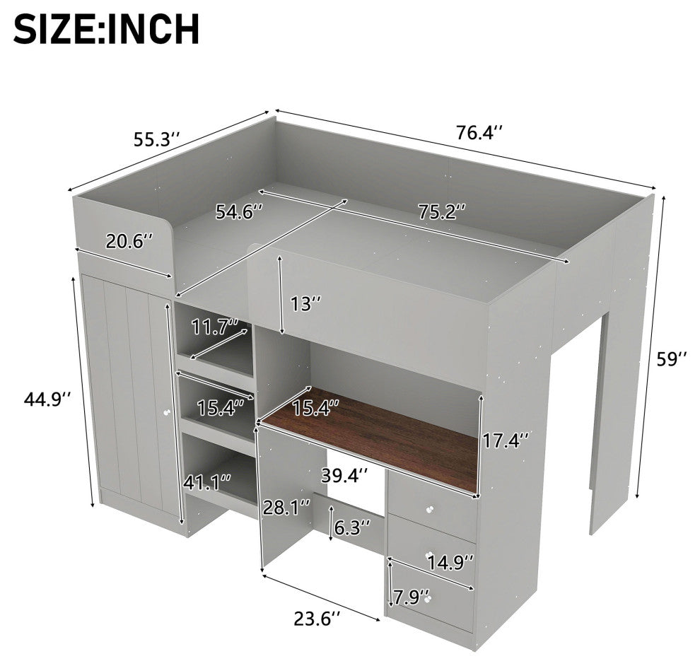 Gewnee Wood Full Size Loft Bed with Built-in Wardrobe