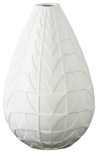 Bellied Round Vase, Narrow Lips and Embossed Triangle Design Body, White