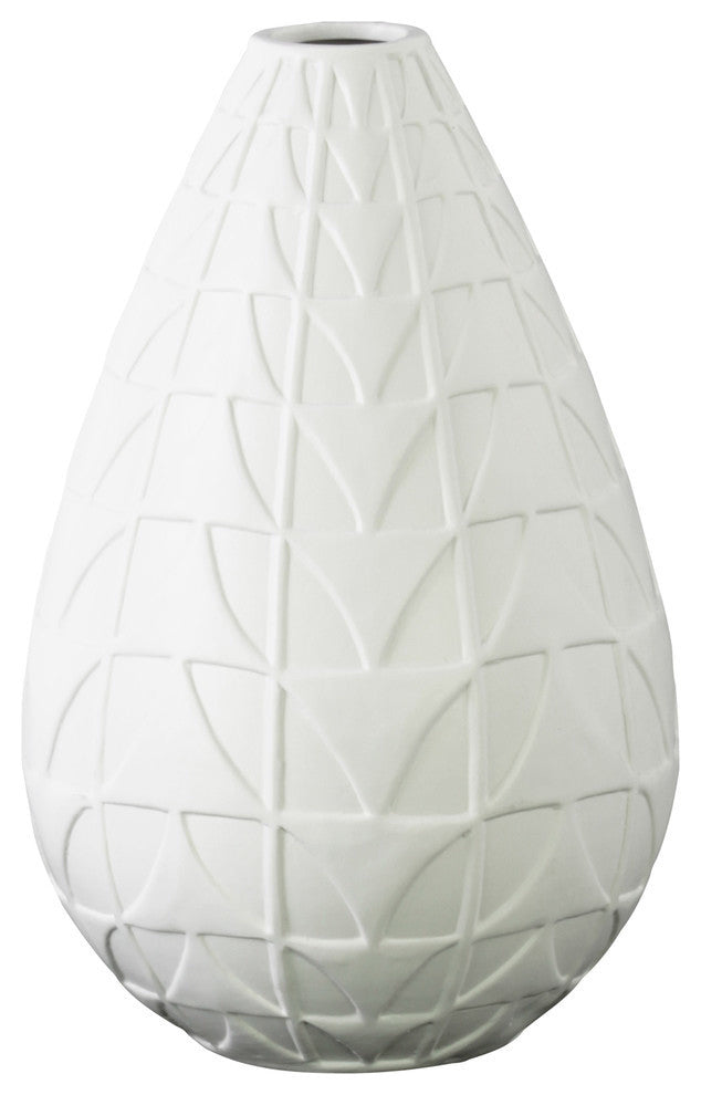 Bellied Round Vase, Narrow Lips and Embossed Triangle Design Body, White