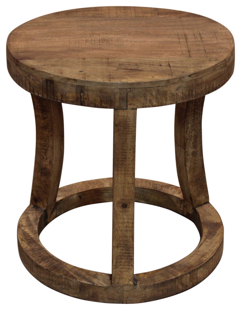 Koda Solid Wood Round Accent Stool With Circle Base, Natural Brown Fin