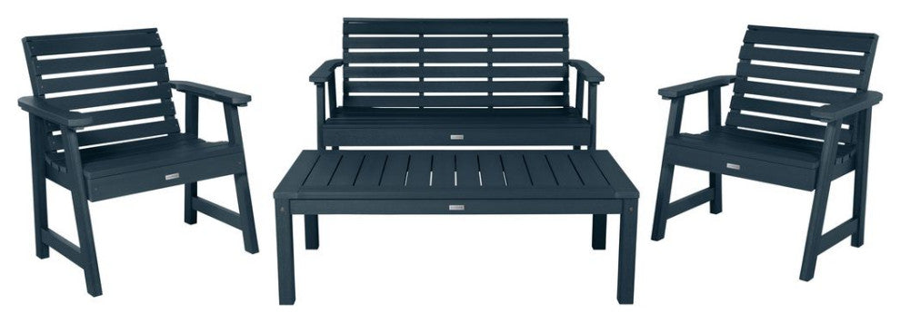 4'' Weatherly Bench, Chairs, Conversation Table, 4-Piece Set, Federal Blue